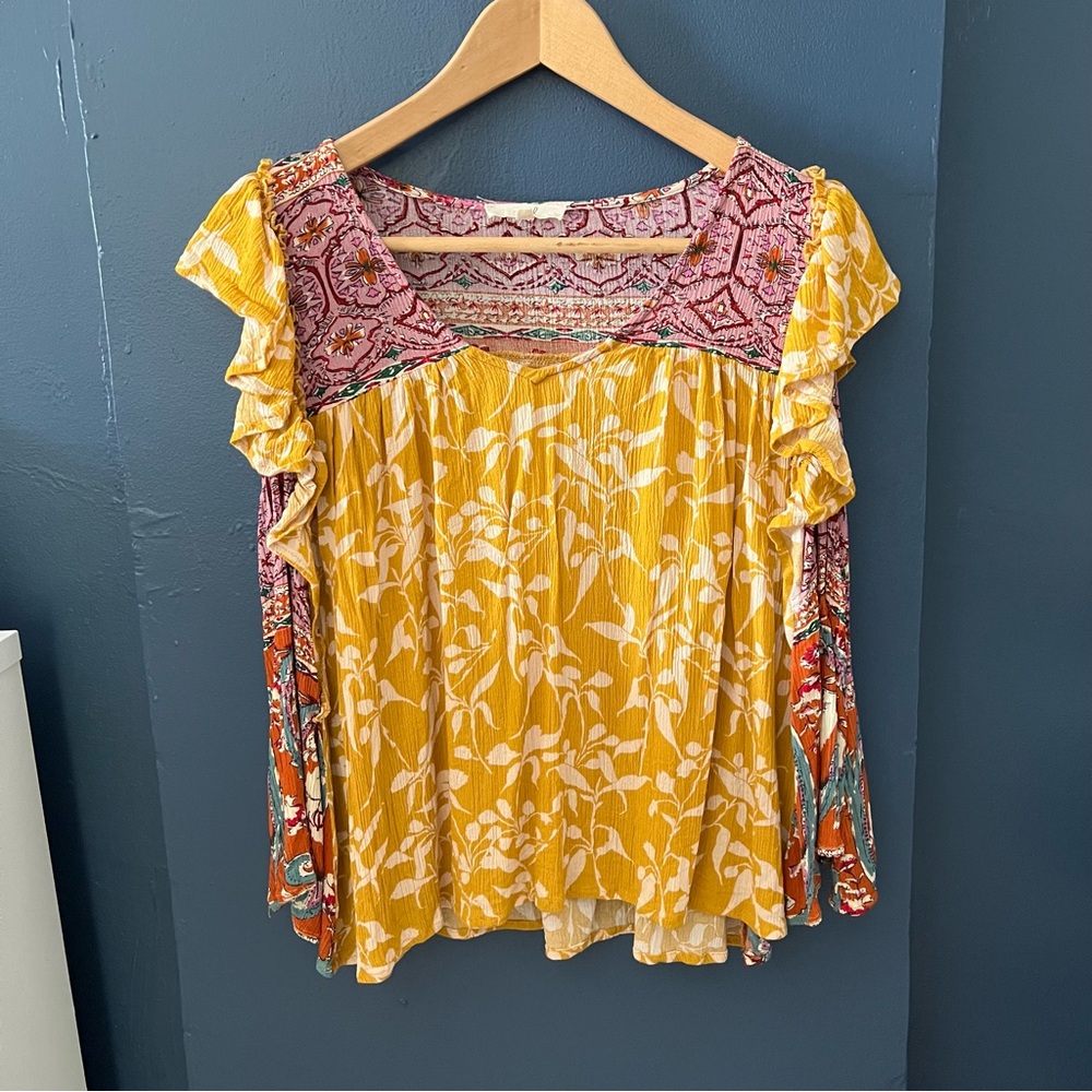 Easel Boho Floral Patchwork Ruffle Sleeve Top
